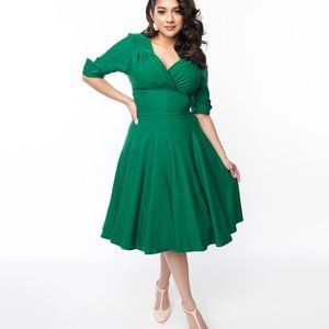 Unique Vintage Emerald Green Delores Swing Dress with Sleeves -Size XL